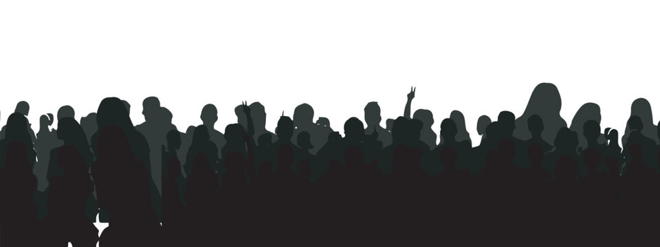 Vector silhouette illustration of man and crowd dancing at music concert on green grass during celebration party with music and fun atmosphere