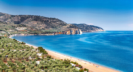 Naklejka premium high view on the mattinata coast in Italy in Puglia with its olive groves and mountain in the background