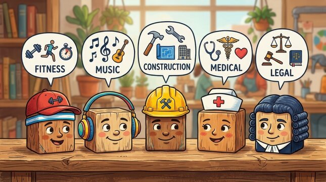 Five worker icons with different job tools and professions