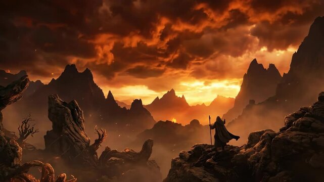Stormy fiery mystical landscape with glowing clouds and a dark horizon, dramatic fantasy inspired nature scene for adventure, imagination and environment themes, intense orange light, rugged terrain,