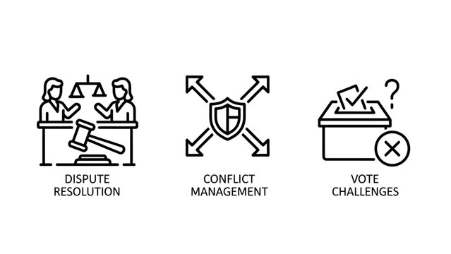 Dispute resolution conflict management vote challenges icons with resolution conflict management challenges agreement disagreement communication discussion decision election question