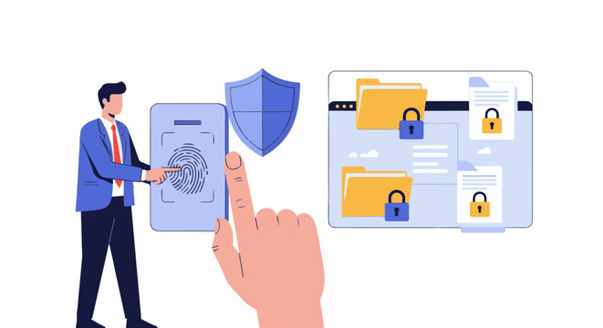 Business man securing files with fingerprint, shield, and locks