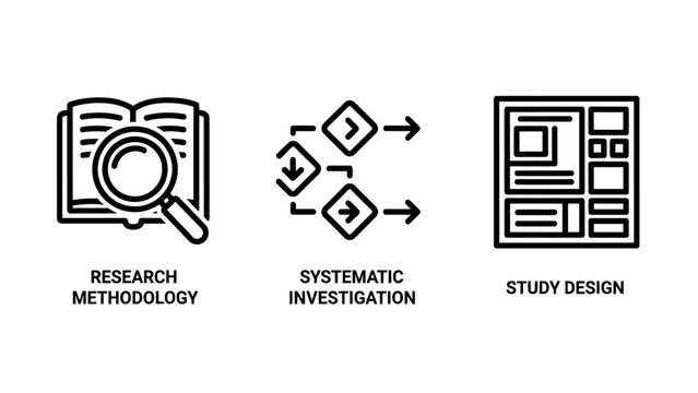 Set of icons representing research methodology systematic investigation study design for scientific or academic projects magnifying glass flat design information gathering research process