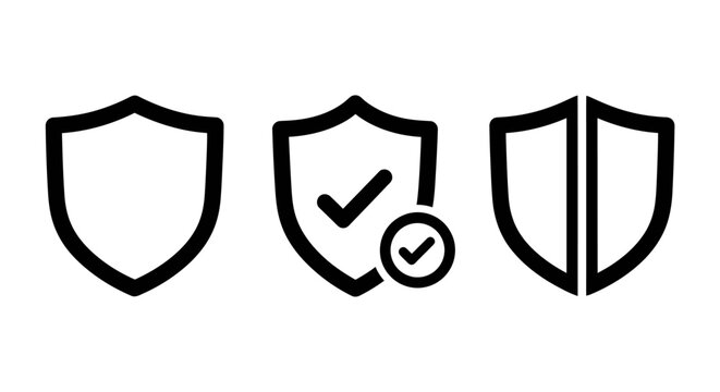 Blank shield with checkmark divided shield icons line art checkmark verified approved security protection guarantee assurance confirmation validity standard certification agreement