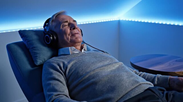 A tranquil elderly man reclines comfortably in a modern setting, surrounded by soft blue lighting.