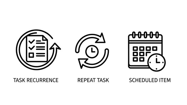 Icons representing task recurrence repeat tasks scheduled items with checklists clocks calendars scheduled item time management time tracking checklist calendar illustration business planning