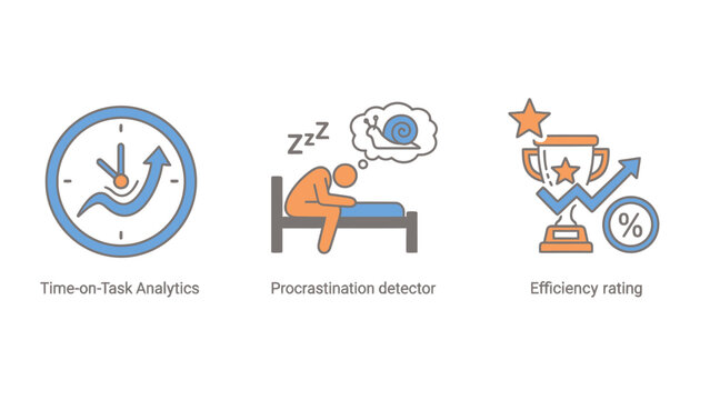 Three conceptual icons representing business and productivity: time analysis with a rising arrow on a clock, procrastination with a sleeping person and snail, and efficiency with a trophy and rising