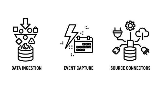 Data ingestion event capture source connectors icons with data management big data real time ingestion connectors database pipeline processing analytics information technology software