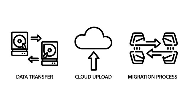 Data transfer cloud upload migration process icons with hard drive transfer migration internet information technology software business organization management connection illustration