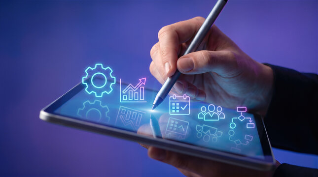 Business management and project planning on a tablet with stylus. Digital workflow automation, analytics, growth chart, schedule, team collaboration and process integration for corporate productivity