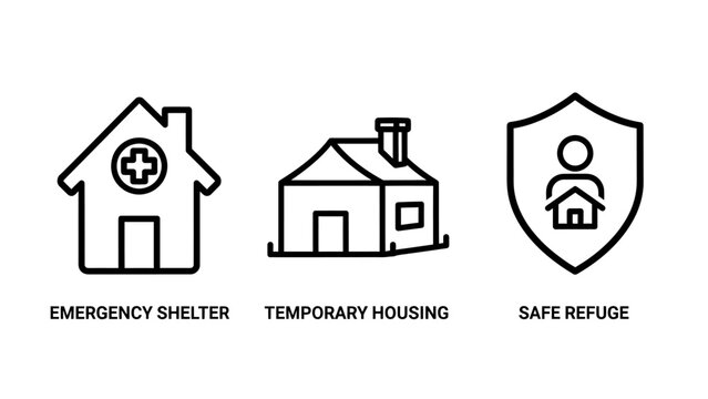 Emergency shelter temporary housing and safe refuge icons emergency temporary building security protection assistance community disaster humanitarian illustration collection architecture