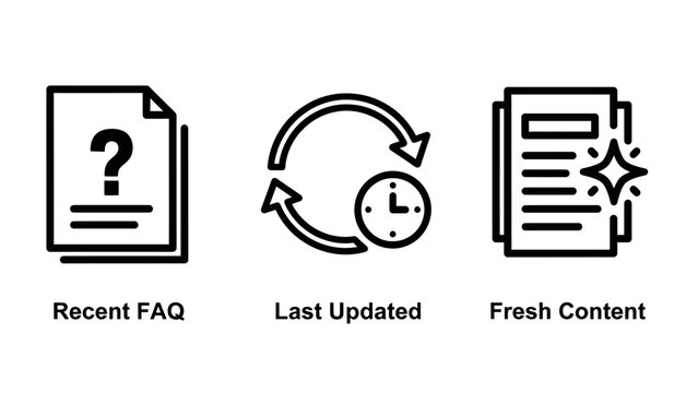 Recent faq last updated fresh content icons for website information management with frequently asked questions user experience black and white line icon question document information management
