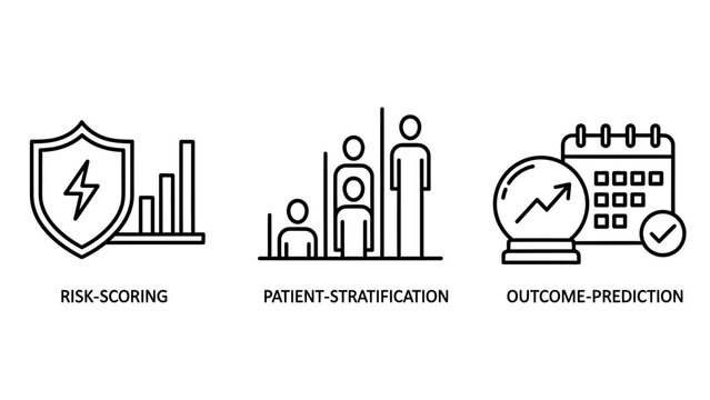 Risk scoring patient stratification outcome prediction icons for healthcare analytics with crystal ball black and white line icon artificial intelligence stratification prediction healthcare