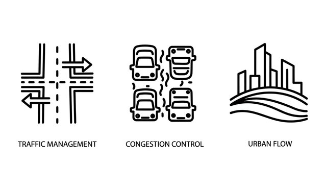 Urban planning outline icons: traffic management car control or density city urban flow black and white smart city civil engineering public transport infrastructure intersection direction