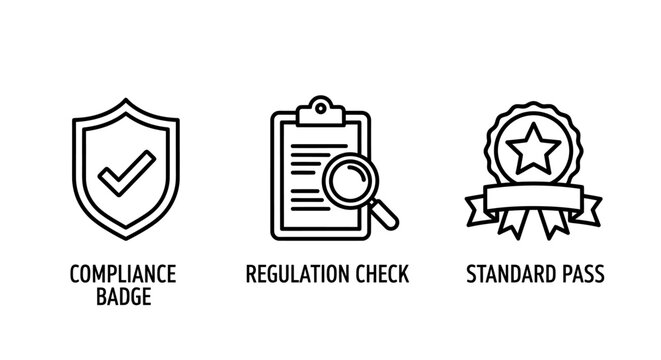 Compliance regulation check standard pass icons representing quality assurance and regulatory adherence with corporate governance industry standards business ethics quality control process improve