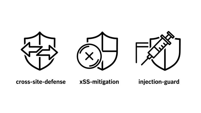 Cybersecurity protection icons set: cross-site defense xss mitigation injection guard symbols line art cybersecurity security protection internet injection mitigation technology