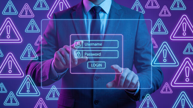 Businessman pressing login button on virtual interface with username and password fields surrounded by warning signs. Cyber security alert, phishing attack, data breach, hacker threat and online fraud