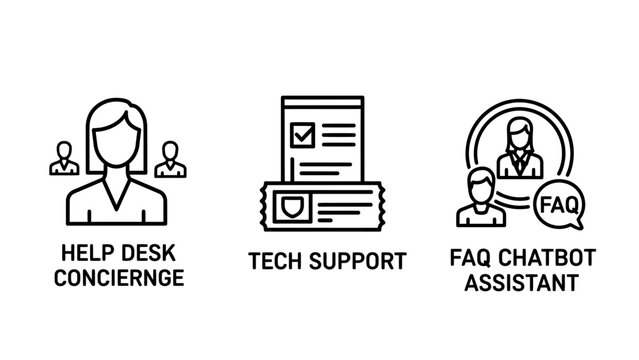 Help desk concierge tech support faq chatbot assistant services outline icons with frequently asked questions problem solving artificial intelligence icon set line art white background concierge
