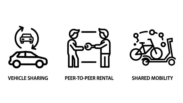 Modern urban mobility: vehicle sharing peer-to-peer rental shared mobility icons mobility transportation platform exchange sustainable pictogram infographic collection technology