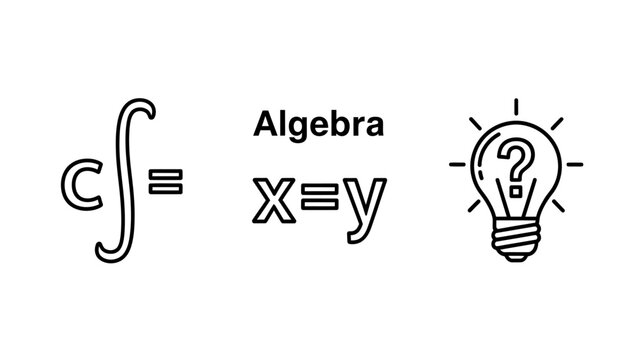 Mathematical concepts with algebra equation integral symbol problem-solving idea lightbulb question mark line icons line art math icon education icon science icon learning icon mathematics