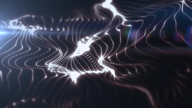 Abstract white particle lines and glowing dots forming a futuristic wave pattern on a dark background with soft lens flare