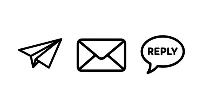 Communication icon set featuring a paper plane symbol a classic mail envelope a chat speech bubble with reply text for messaging and email interface design communication envelope airplane