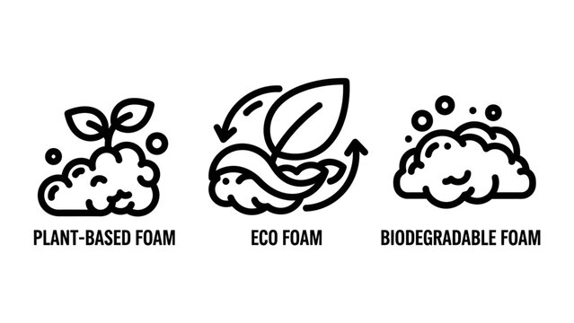 Eco friendly packaging icons representing sustainable materials like plant based foam biodegradable bubble cushioning for environmentally conscious shipping biodegradable