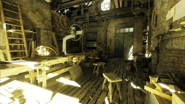 bright heritage carpentry studio flooded with sunlight and oak planks on benches open windows cast strong sunbeams across tools, varnish and joinery setups,