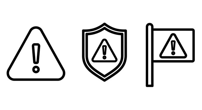 Security and safety warning icon collection featuring caution triangle protective shield and alert notification flag security triangle exclamation protection attention collection interface