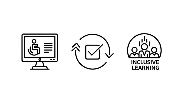 Inclusive learning and digital accessibility line icon set with computer monitor wheelchair symbol and process checkmark inclusive learning accessibility wheelchair disability education
