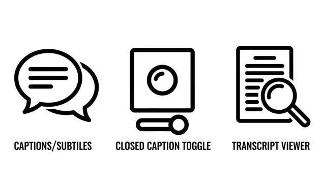 Media accessibility icons set showing captions subtitles closed caption toggle and transcript viewer features with captions subtitles accessibility transcript interface communication translation