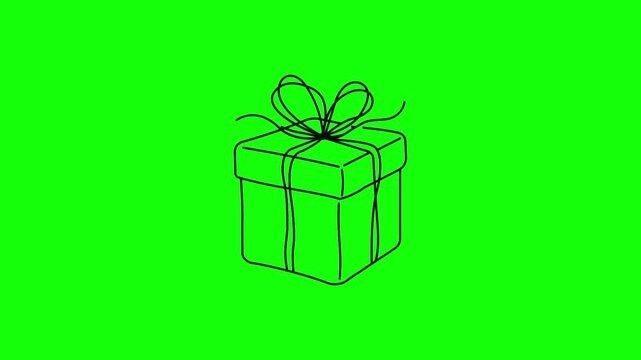 Animated hand drawn sketch gift box icon isolated on a bright green screen chroma key background.