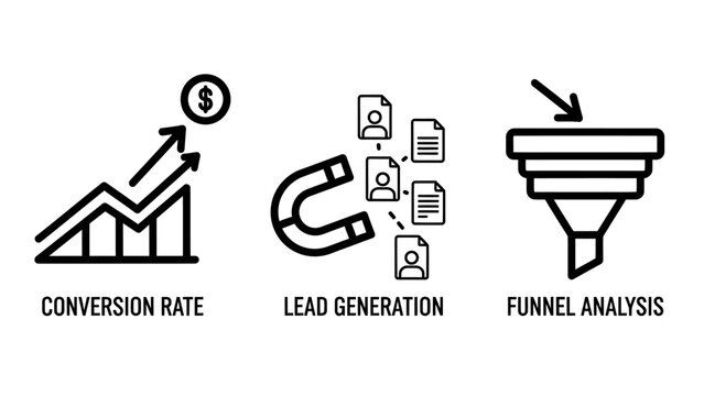 Digital marketing and sales analytics icons set featuring conversion rate lead generation and funnel analysis conversion generation analysis marketing business customer analytics strategy