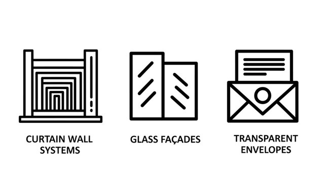 Architectural design icons representing curtain wall systems glass facades and transparent building envelopes with architecture building construction transparent envelope exterior engineering