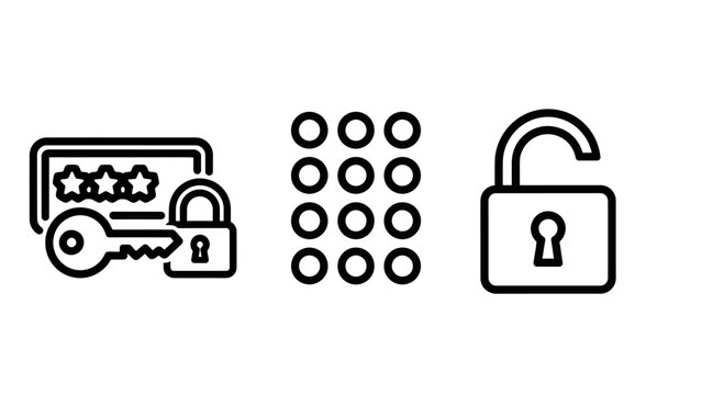 Cyber security and data protection icon set featuring password access login methods and unlocked padlock symbol security password protection internet authentication authorization encrypted