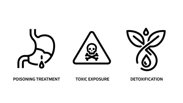 Medical toxicology and health wellness icon set illustrating poisoning treatment toxic exposure hazard and natural detoxification process with toxicology poisoning treatment exposure detoxificatio