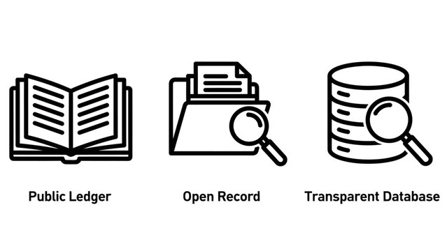 Public ledger open record transparent database outline icons for data transparency and blockchain technology concepts with database transparency illustration blockchain information magnifying