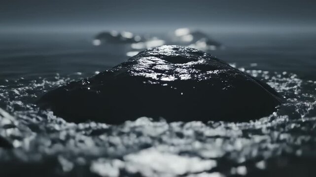 Dark Water Splashes Over Wet Rocks at Sea