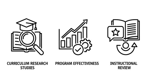 Professional set of black line icons for curriculum research studies program effectiveness and instructional review featuring educational symbols like magnifying glass book and progress graph