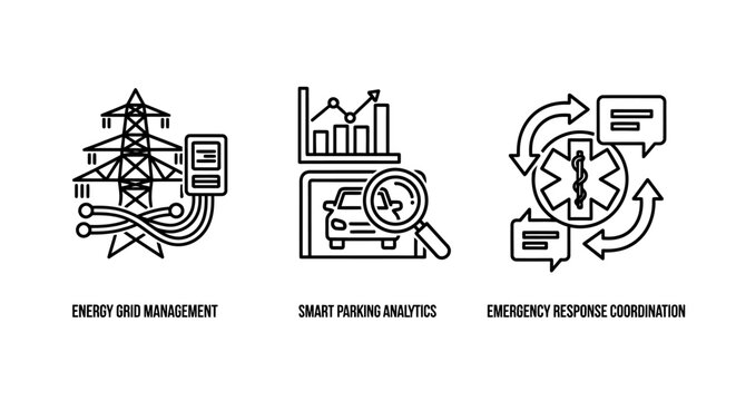 Smart infrastructure and emergency response technology icons featuring energy management traffic analytics and medical coordination infrastructure management analytics emergency response