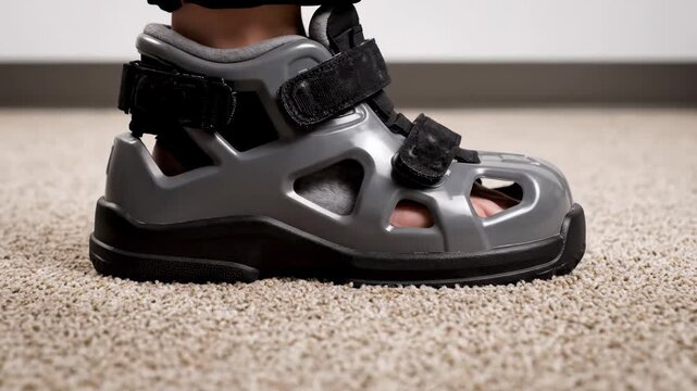 A unique pair of orthopedic sandals provides exceptional comfort while showcasing motion. The footwear stands out against a soft textured surface, emphasizing its modern design and versatility.