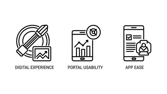 Digital experience portal usability and app ease icons with experience usability interface application software analytics technology development optimization efficiency navigation business