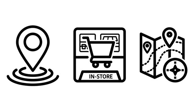 Location and retail store navigation icon set for customer experience with location shopping navigation direction business purchase logistics interface experience geolocation commerce
