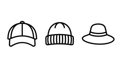 Fototapeta premium Selection of headwear icons including a baseball cap knitted beanie hat and sun hat with headwear clothing accessories baseball wardrobe collection knitting protection sunshade accessory