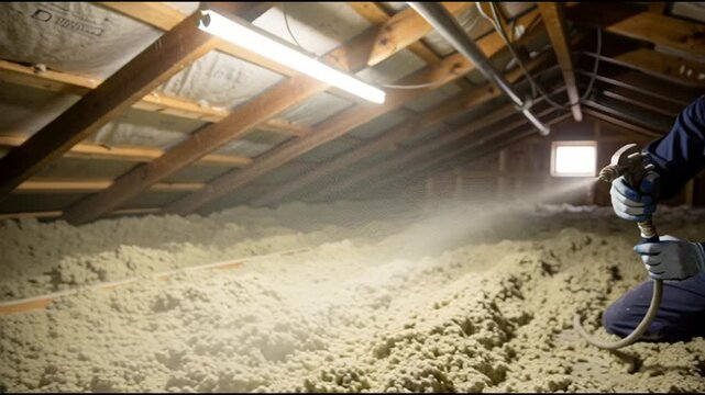 Worker spraying insulation in attic space.