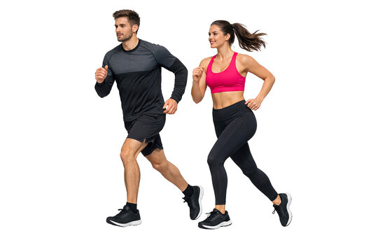 A man and woman jogging side by side in sportswear