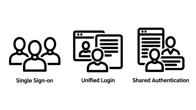 User identity management icons including single sign on unified login and shared authentication with authentication identity management security technology internet business protection