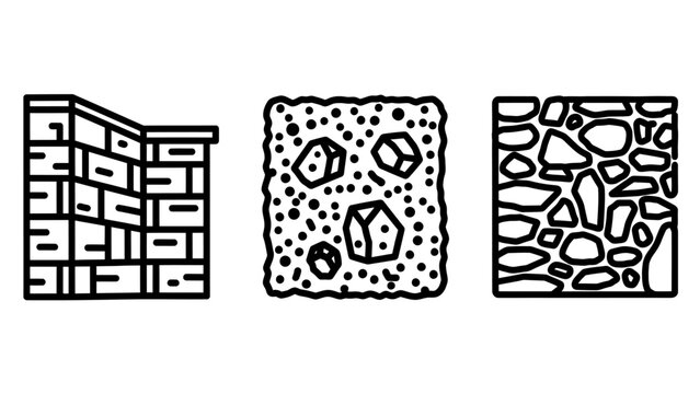 Set of three different masonry and stone wall textures and material surface patterns with material construction architectural background building exterior cladding cobblestone concrete