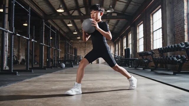 In a spacious gym filled with natural light, a dedicated young athlete performs intense exercises using a heavy medicine ball, showcasing determination and strength while maintaining perfect form.