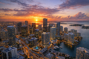 Fototapeta premium Panoramic view of urban buildings at sunset